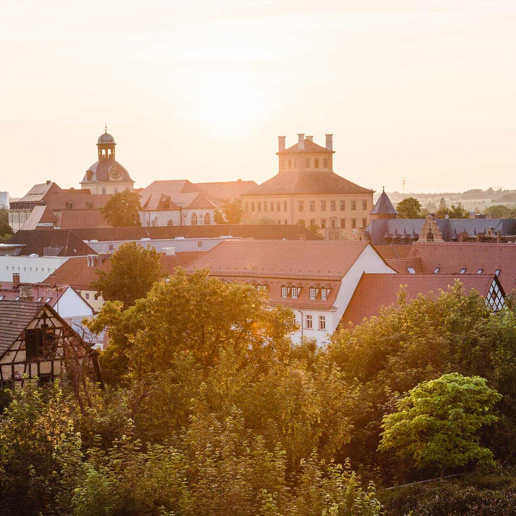 Wir sind Zeitz - abendlicher Blick vom Franziskanerkloster auf das Schloss Moritzburg Zeitz und den Dom St. Peter und Paul.