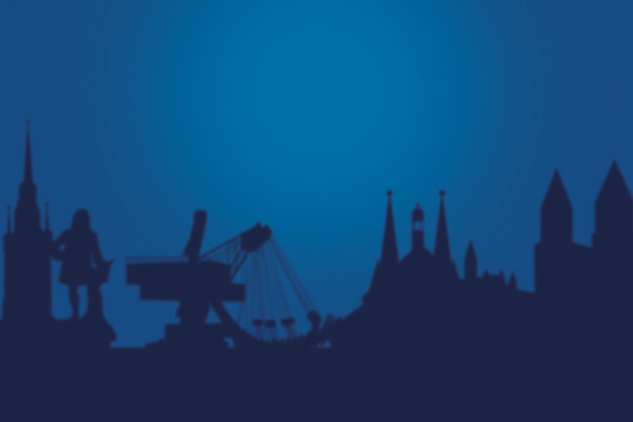 Eine dunkelblaue Silhouette aus markanten Sehenswürdigkeiten und Orten Sachsen-Anhalts auf blauem Fond. Ferropolis, Händelstatue