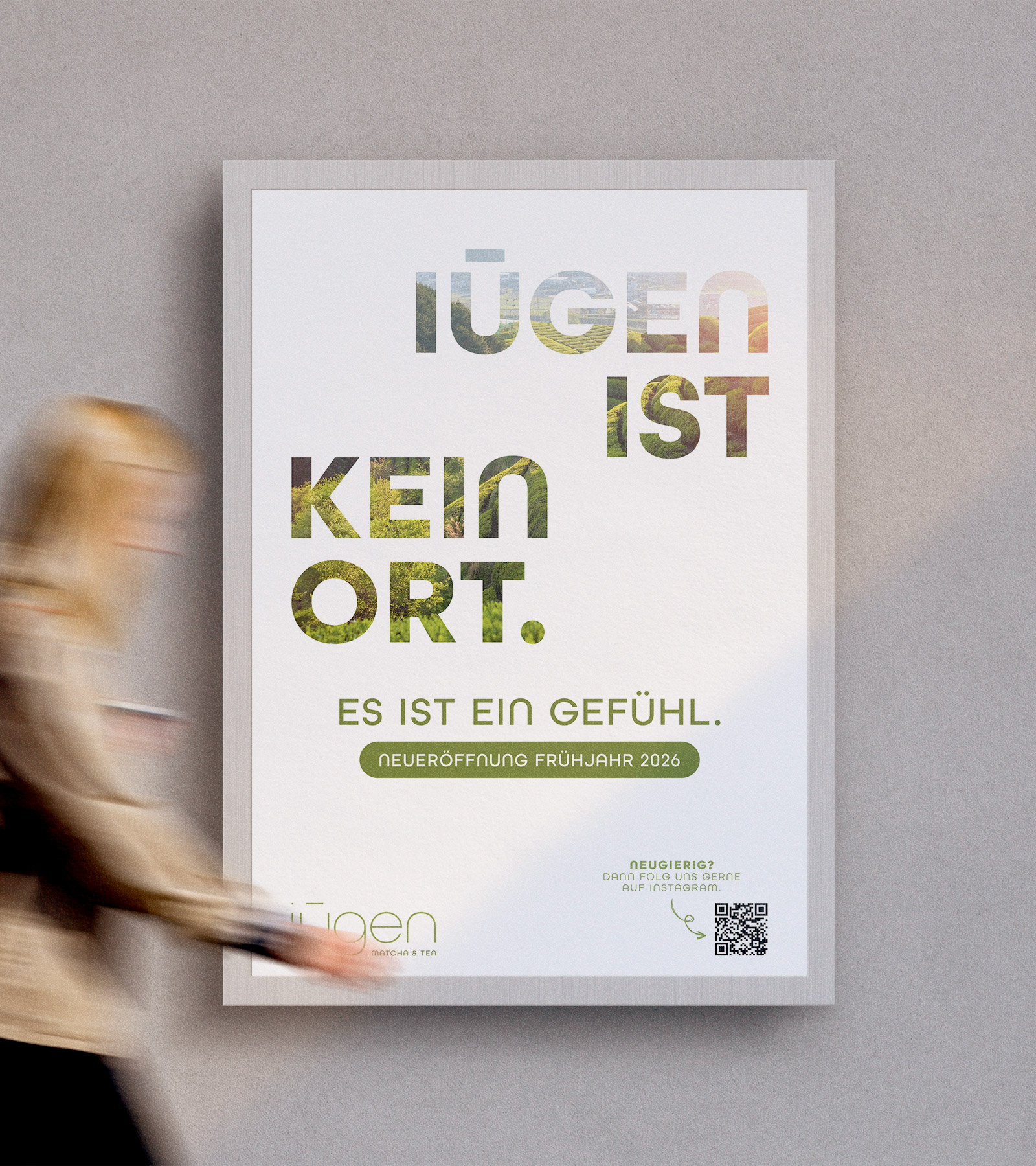 Plakatdesign für das iūgen Teehaus mit dem Schriftzug ‚kein Ort. es ist ein Gefühl.‘ in minimalistischem Layout
