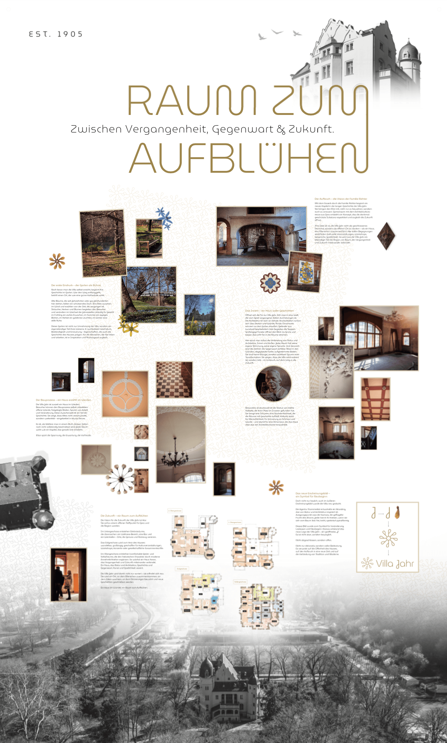 Schautafel zur Villa Jahr mit Informationen zu Sanierung, Architektur und Logoentwicklung